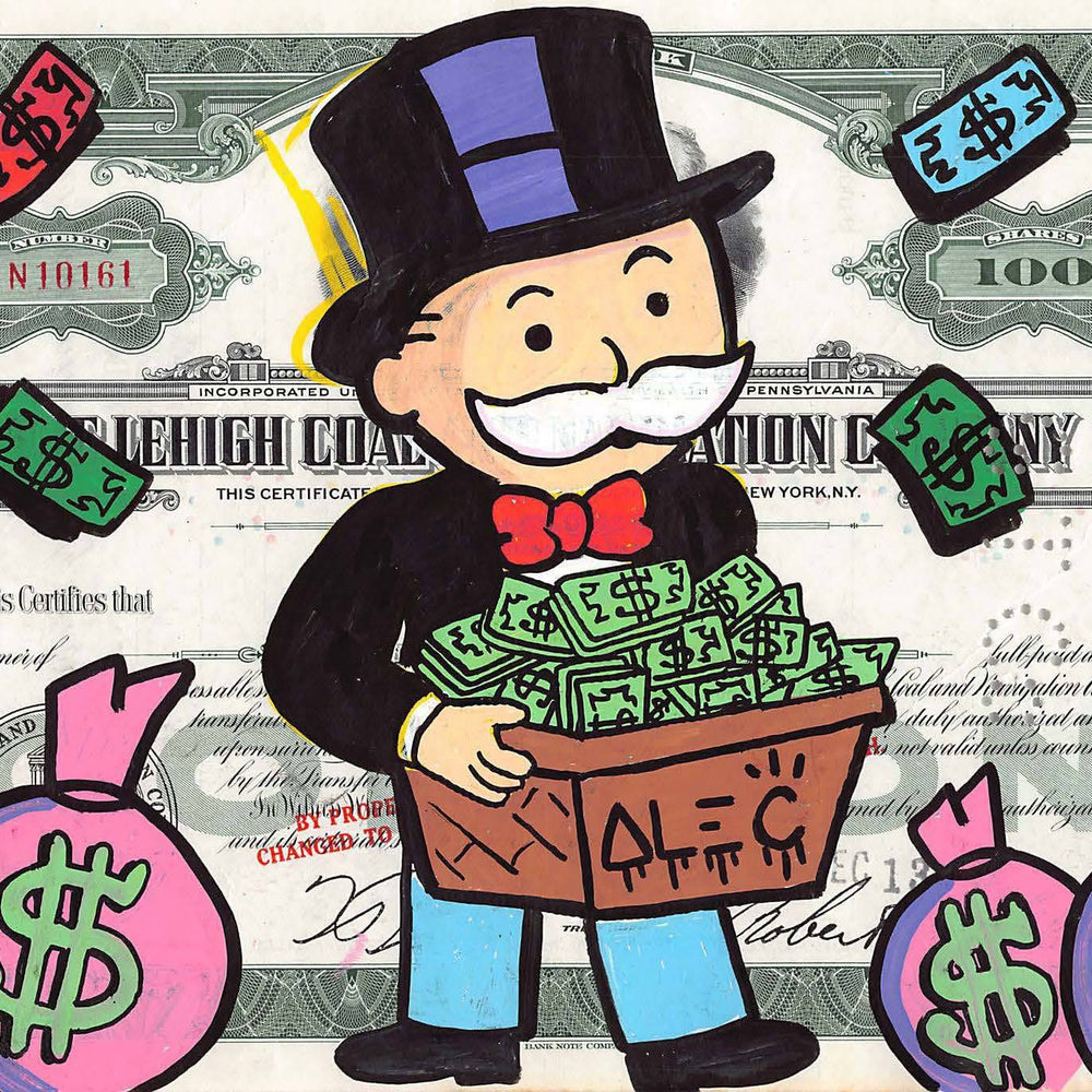 Monopoly holding $box with pink $ bags by Alec Monopoly - Signature Fine Art